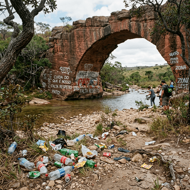 Pichações e lixo na área da Ponte de Pedra